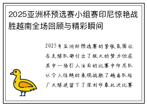 2025亚洲杯预选赛小组赛印尼惊艳战胜越南全场回顾与精彩瞬间